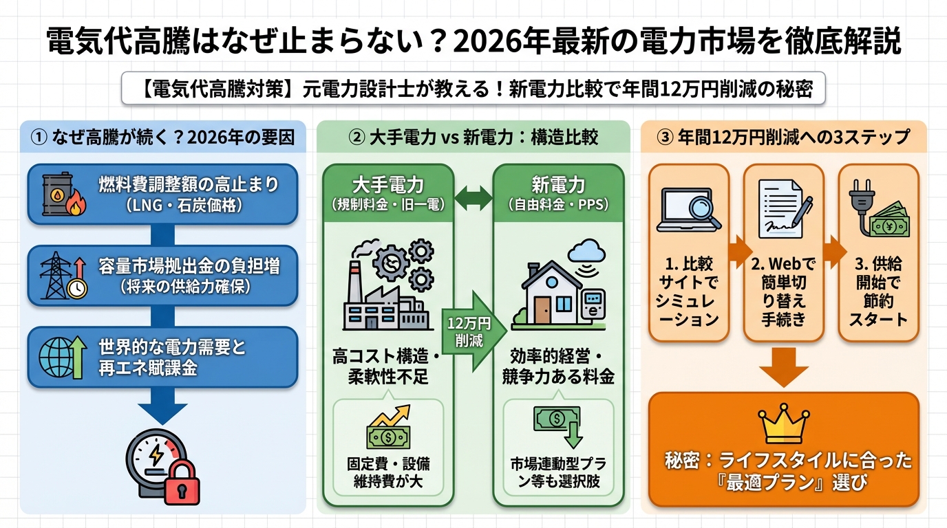 新電力 電気代高騰はなぜ止まらない?2026年最新の電力市場を徹底解説