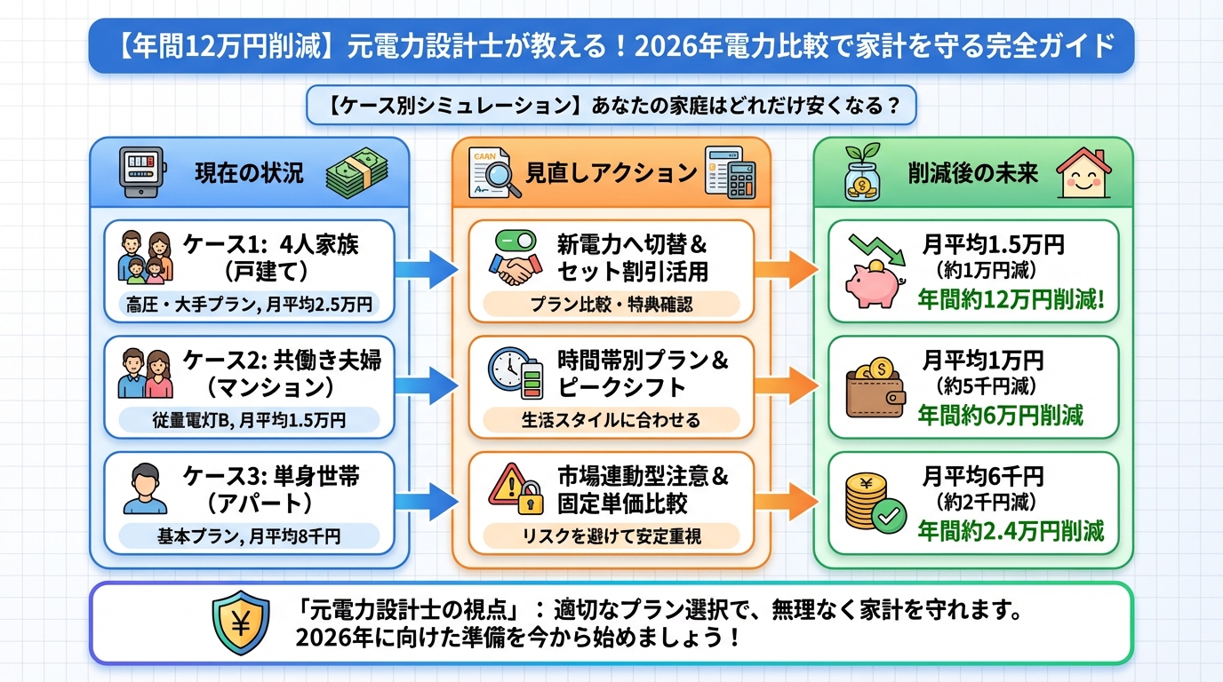 電力比較 【ケース別シミュレーション】あなたの家庭はどれだけ安くなる?