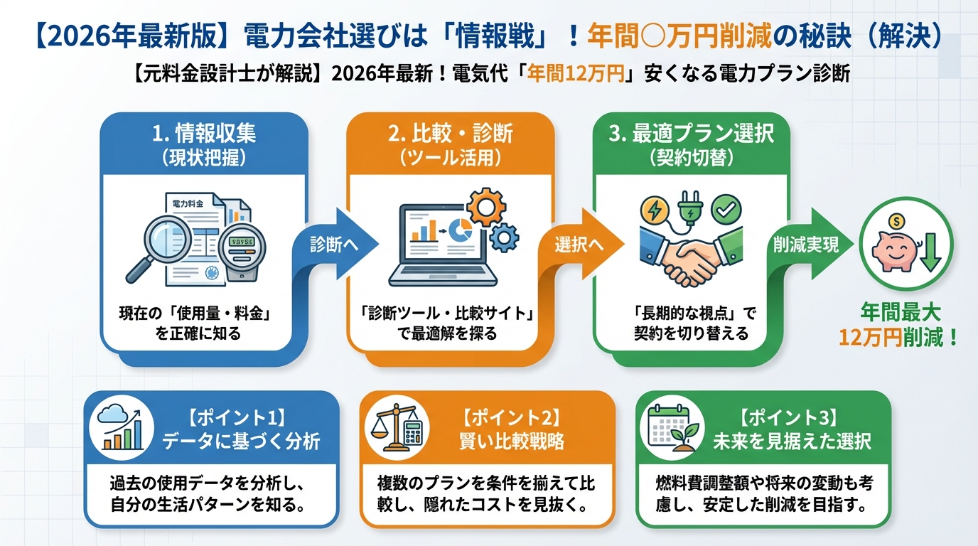 節約 【2026年最新版】電力会社選びは「情報戦」!年間〇万円削減の秘訣(解決)