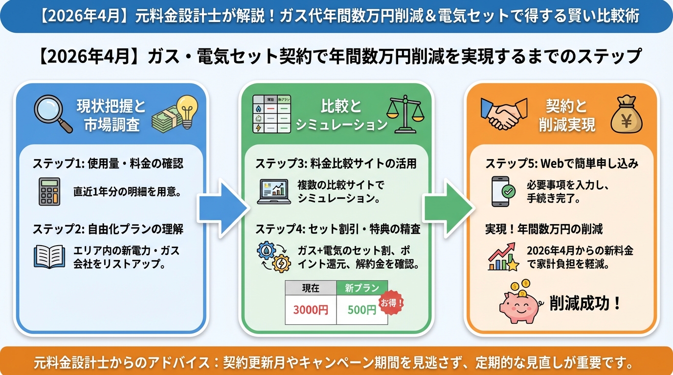 ガス比較 【2026年4月】ガス・電気セット契約で年間数万円削減を実現するまでのステップ