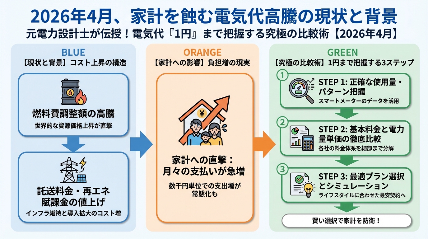 電力比較 2026年4月、家計を蝕む電気代高騰の現状と背景