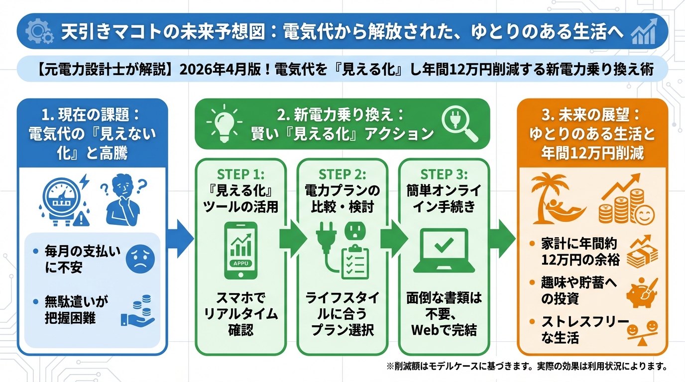 新電力 灯沢ひかりの未来予想図:電気代から解放された、ゆとりのある生活へ