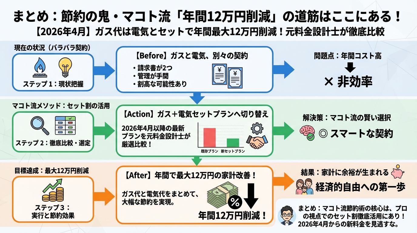 ガス比較 まとめ:節約の鬼・灯沢ひかり流「年間12万円削減」の道筋はここにある!