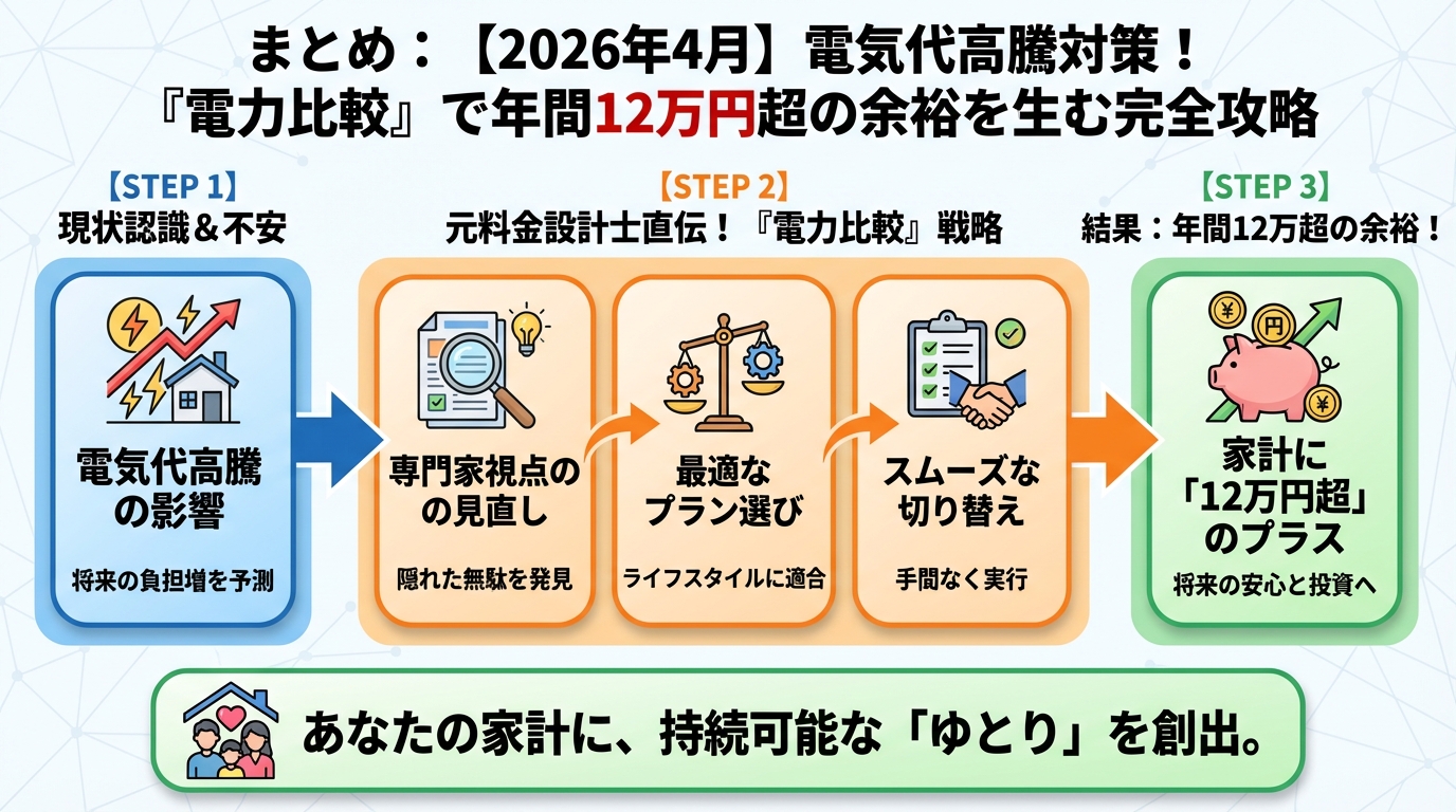 電力比較 まとめ：あなたの家計に「年間12万円超」の余裕を