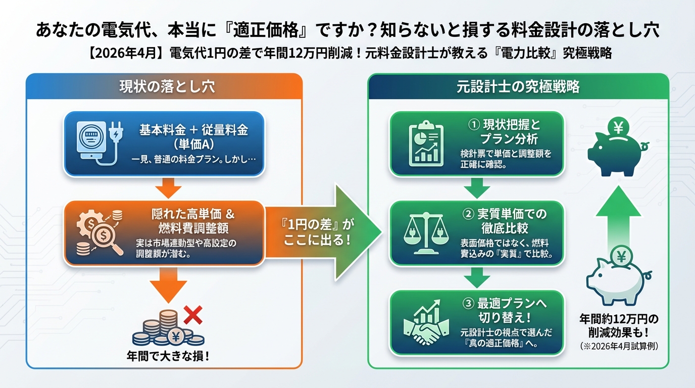電力比較 h2: あなたの電気代、本当に「適正価格」ですか？知らないと損する料金設計の落とし穴