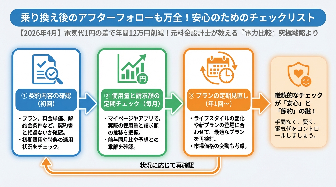 電力比較 h2: 乗り換え後のアフターフォローも万全！安心のためのチェックリスト