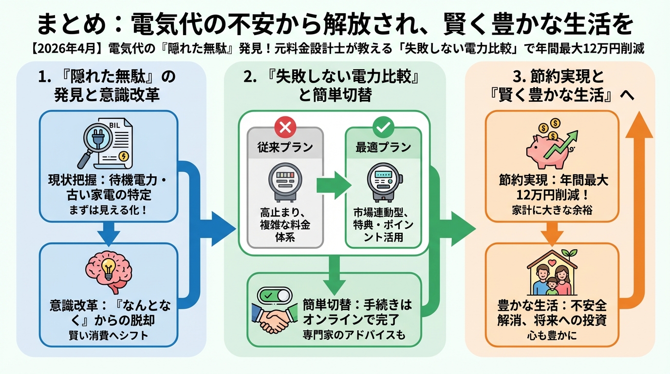 電力比較 まとめ：電気代の不安から解放され、賢く豊かな生活を