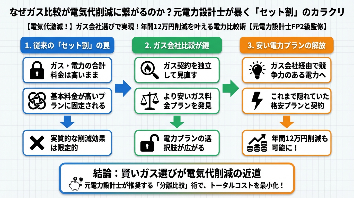 ガス比較 なぜガス比較が電気代削減に繋がるのか?元電力設計士が暴く「セット割」のカラクリ