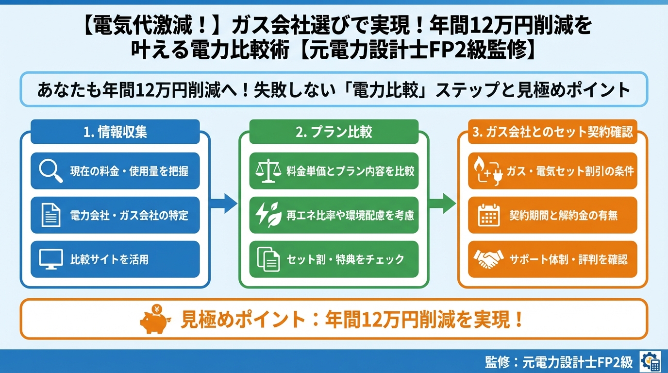ガス比較 あなたも年間12万円削減へ!失敗しない「電力比較」ステップと見極めポイント