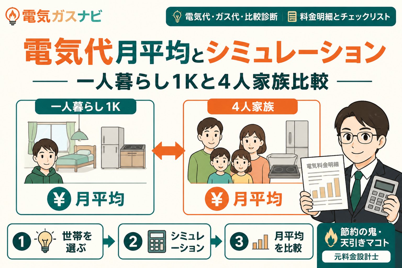 電力比較 電気代月平均とシミュレーション：一人暮らし1Kと4人家族比較