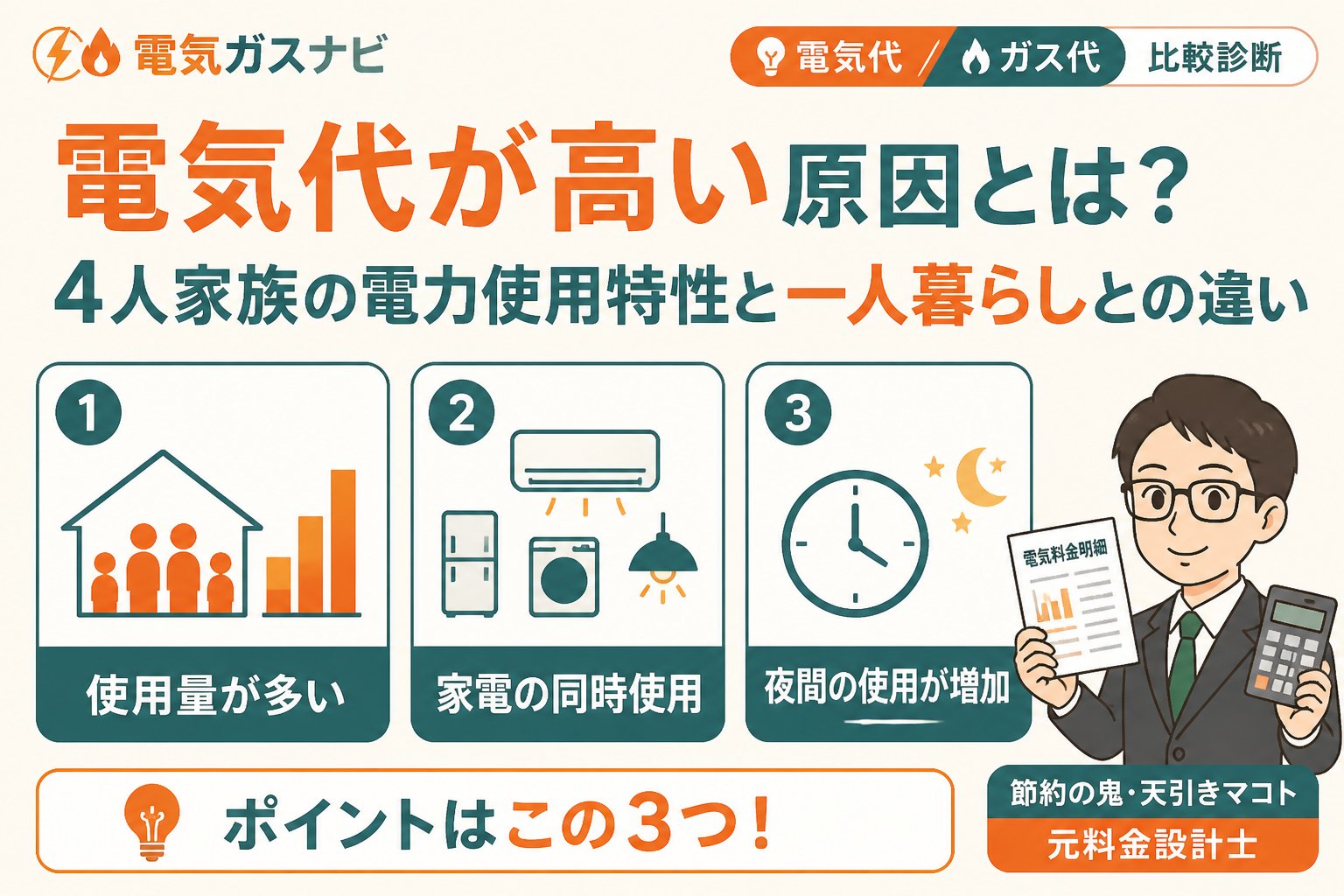 電力比較 電気代が高い原因とは？4人家族の電力使用特性と一人暮らしとの違い