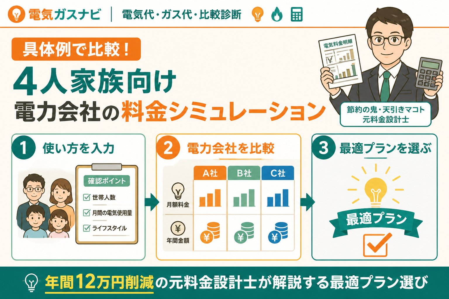 電力比較 具体例で比較！4人家族向け電力会社の料金シミュレーション