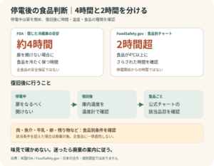 停電後の冷蔵食品は、約4時間の冷気保持目安と、食品別の温度・時間条件を分けて確認