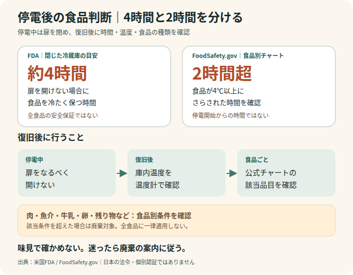 停電後の冷蔵食品は、約4時間の冷気保持目安と、食品別の温度・時間条件を分けて確認